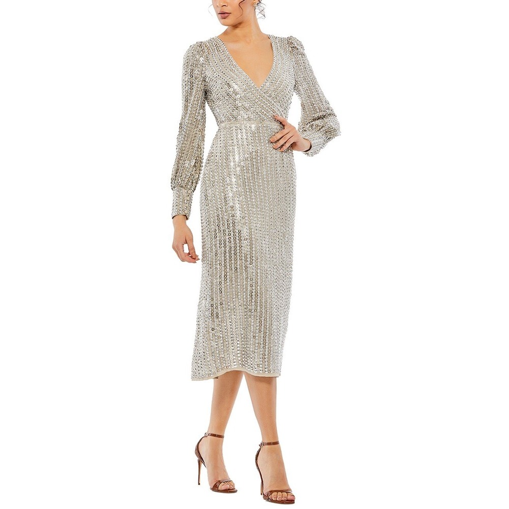 Mac Duggal Silver Sequin V-Neck Bishop Sleeve Sheath Midi Dress size 12